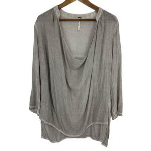 Free People Sheer Gray Cowl Neck Pullover 3/4 Sleeves Hi-Lo Hem Blouse Size M